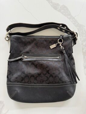 Coach Black Signature Canvas Shoulder Bag with Tassel Charm